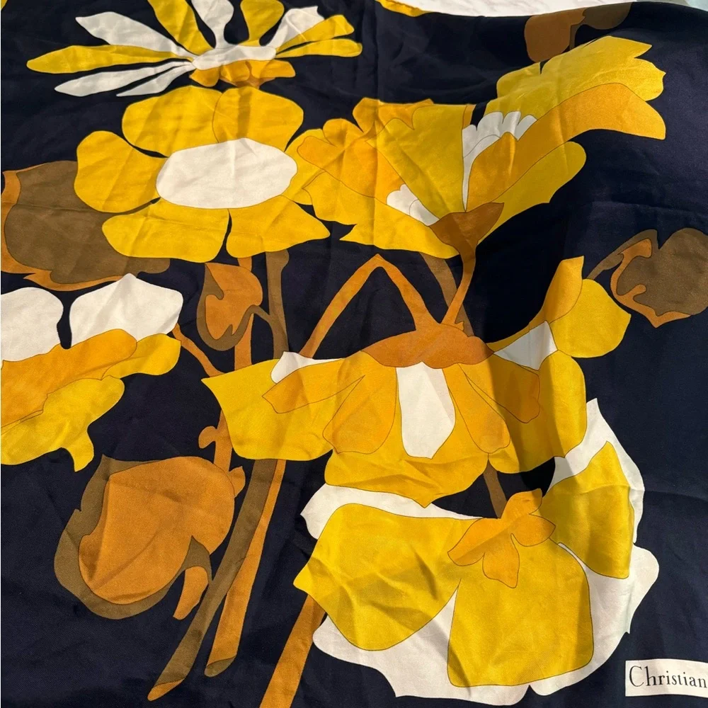 Vintage Christian Dior Square Silk Scarf Navy Blue, Yellow & White 32